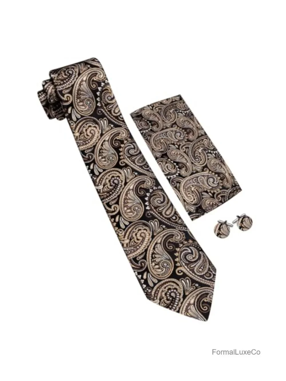 Men's Paisley Tie Set with Cufflinks, Tie Clip, Pocket Square - Formal Business